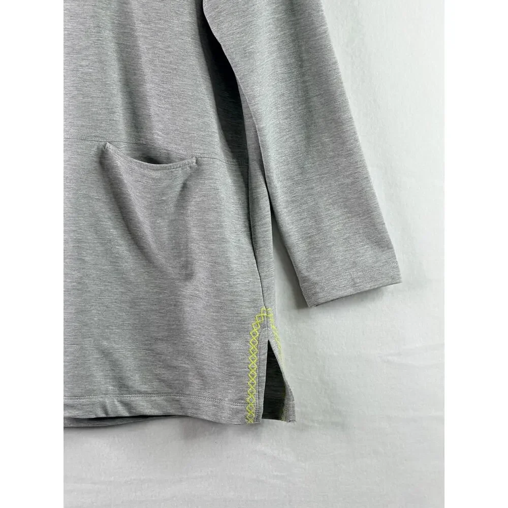 J. Jill Fit Long Sleeve Hoodie Embroidered Pullover Knit Tunic Gray Yellow Med